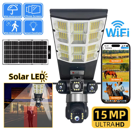 Solar WIFI Street Light HD Camera 15MP Three Lens Recording Humanoid Tracking Outdoor Cameras LED Lamp Remote Control V380